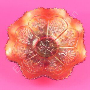 Fenton Carnival Glass Bowl Crimped 8" Peacock and Grapes Marigold